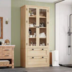 Meuble de rangement haut de cuisine de 72 po avec 2 tiroirs, armoire de cuisine de style campagnard avec portes vitrées et étagères réglables, pour salle à manger