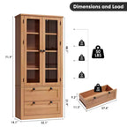 Meuble de rangement haut de cuisine de 72 po avec 2 tiroirs, armoire de cuisine de style campagnard avec portes vitrées et étagères réglables, pour salle à manger
