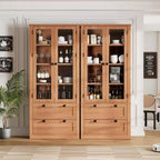 Meuble de rangement haut de cuisine de 72 po avec 2 tiroirs, armoire de cuisine de style campagnard avec portes vitrées et étagères réglables, pour salle à manger