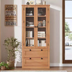 Meuble de rangement haut de cuisine de 72 po avec 2 tiroirs, armoire de cuisine de style campagnard avec portes vitrées et étagères réglables, pour salle à manger