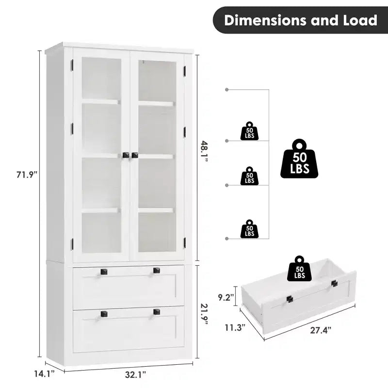 72 Tall Kitchen Pantry Cabinet with 2 Drawers, Farmhouse Kitchen Cupboard with Glass Doors and Adjustable Shelves, for Dining Room