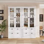 Meuble de rangement haut de cuisine de 72 po avec 2 tiroirs, armoire de cuisine de style campagnard avec portes vitrées et étagères réglables, pour salle à manger