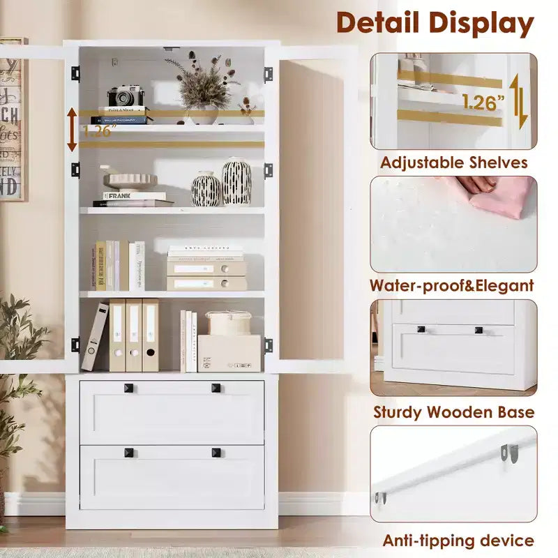 72 Tall Kitchen Pantry Cabinet with 2 Drawers, Farmhouse Kitchen Cupboard with Glass Doors and Adjustable Shelves, for Dining Room