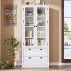 Meuble de rangement haut de cuisine de 72 po avec 2 tiroirs, armoire de cuisine de style campagnard avec portes vitrées et étagères réglables, pour salle à manger