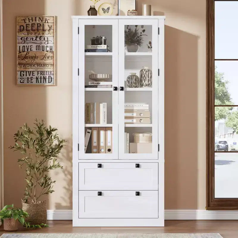 72 Tall Kitchen Pantry Cabinet with 2 Drawers, Farmhouse Kitchen Cupboard with Glass Doors and Adjustable Shelves, for Dining Room