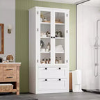 Meuble de rangement haut de cuisine de 72 po avec 2 tiroirs, armoire de cuisine de style campagnard avec portes vitrées et étagères réglables, pour salle à manger
