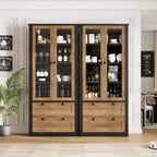 Meuble de rangement haut de cuisine de 72 po avec 2 tiroirs, armoire de cuisine de style campagnard avec portes vitrées et étagères réglables, pour salle à manger