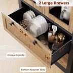 Meuble de rangement haut de cuisine de 72 po avec 2 tiroirs, armoire de cuisine de style campagnard avec portes vitrées et étagères réglables, pour salle à manger