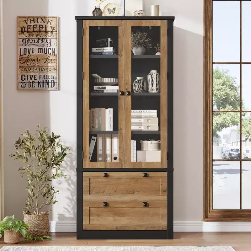 72 Tall Kitchen Pantry Cabinet with 2 Drawers, Farmhouse Kitchen Cupboard with Glass Doors and Adjustable Shelves, for Dining Room