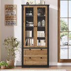 Meuble de rangement haut de cuisine de 72 po avec 2 tiroirs, armoire de cuisine de style campagnard avec portes vitrées et étagères réglables, pour salle à manger