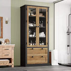 Meuble de rangement haut de cuisine de 72 po avec 2 tiroirs, armoire de cuisine de style campagnard avec portes vitrées et étagères réglables, pour salle à manger