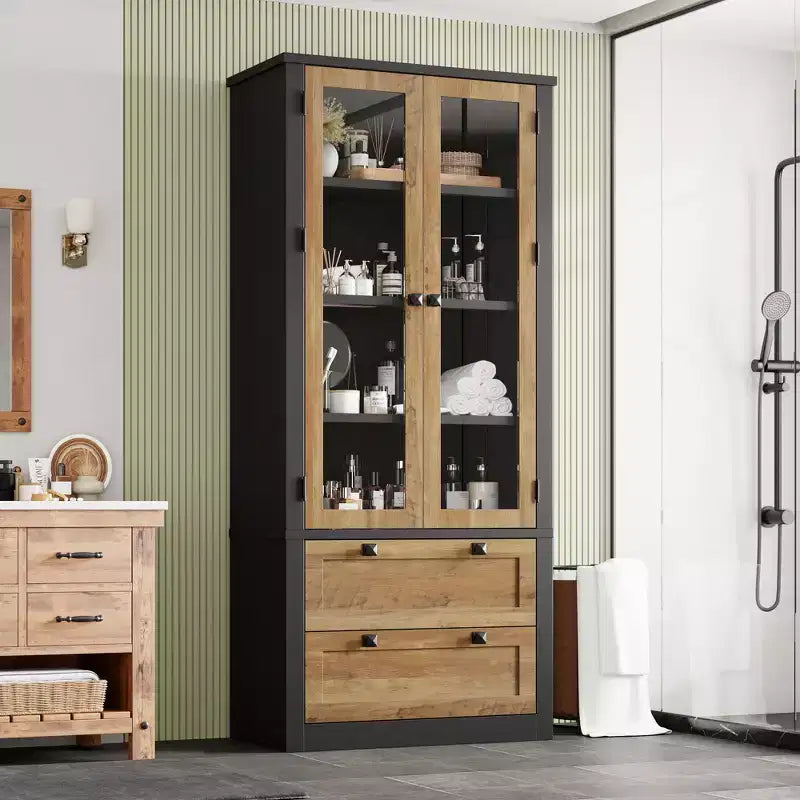 72 Tall Kitchen Pantry Cabinet with 2 Drawers, Farmhouse Kitchen Cupboard with Glass Doors and Adjustable Shelves, for Dining Room