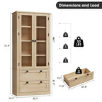Meuble de rangement haut de cuisine de 72 po avec 2 tiroirs, armoire de cuisine de style campagnard avec portes vitrées et étagères réglables, pour salle à manger