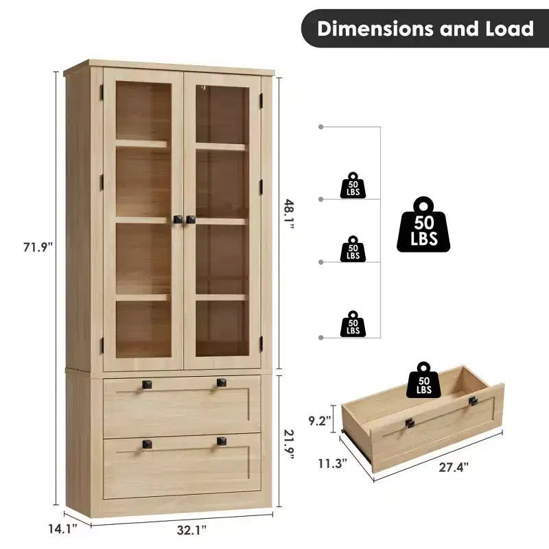 72 Tall Kitchen Pantry Cabinet with 2 Drawers, Farmhouse Kitchen Cupboard with Glass Doors and Adjustable Shelves, for Dining Room