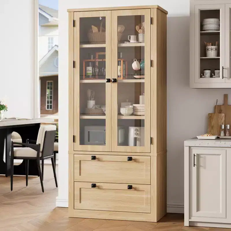 72 Tall Kitchen Pantry Cabinet with 2 Drawers, Farmhouse Kitchen Cupboard with Glass Doors and Adjustable Shelves, for Dining Room