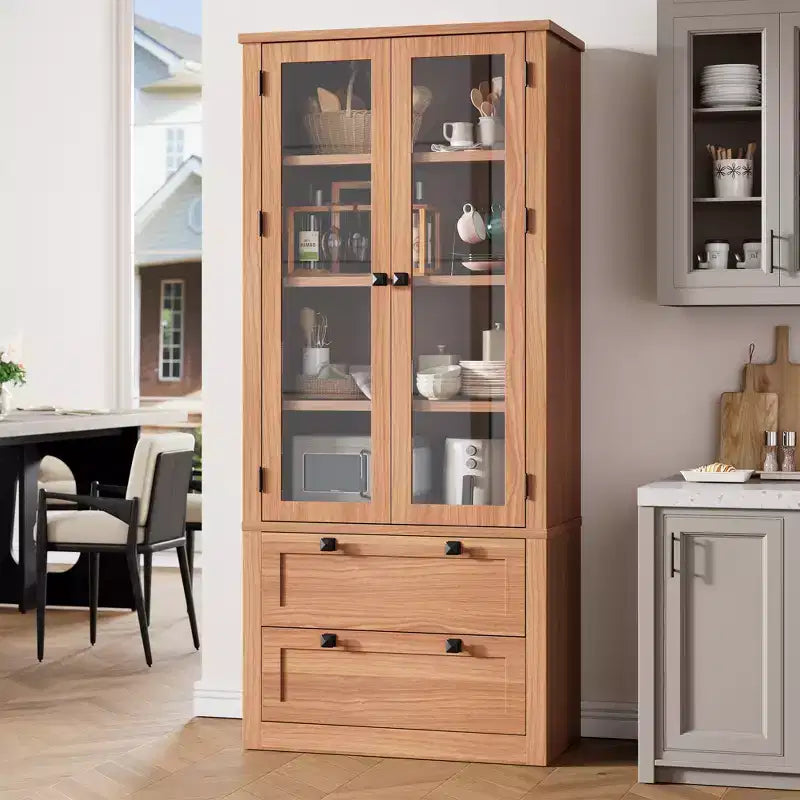 72 Tall Kitchen Pantry Cabinet with 2 Drawers, Farmhouse Kitchen Cupboard with Glass Doors and Adjustable Shelves, for Dining Room