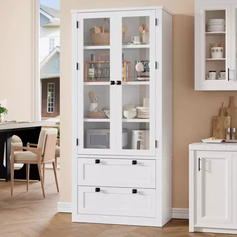 72 Tall Kitchen Pantry Cabinet with 2 Drawers, Farmhouse Kitchen Cupboard with Glass Doors and Adjustable Shelves, for Dining Room