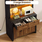 Garde-manger de cuisine moderne de 167 cm de haut avec vaisselier, buffet de bar à café avec station de recharge intégrée, grand espace de rangement avec portes vitrées et tiroirs
