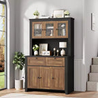Garde-manger de cuisine moderne de 167 cm de haut avec vaisselier, buffet de bar à café avec station de recharge intégrée, grand espace de rangement avec portes vitrées et tiroirs