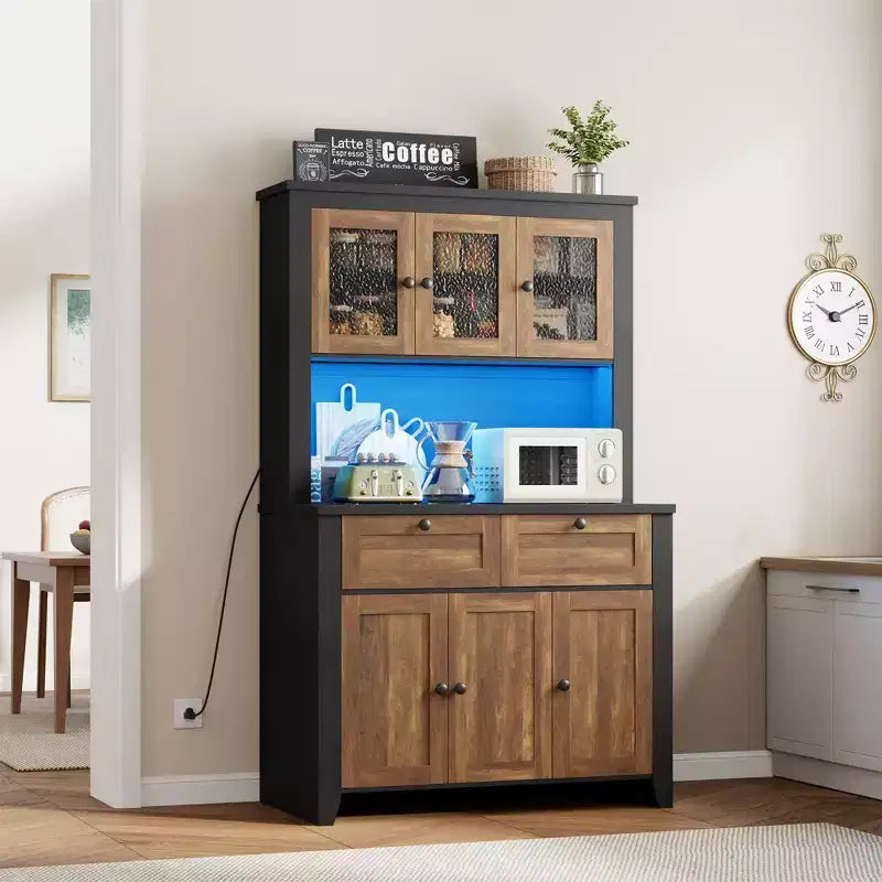 66 Tall Modern Kitchen Pantry Cabinet & Hutch, Built-In Charging Station Coffee Bar Cabinet, Spacious Storage with Glass Doors & Drawers