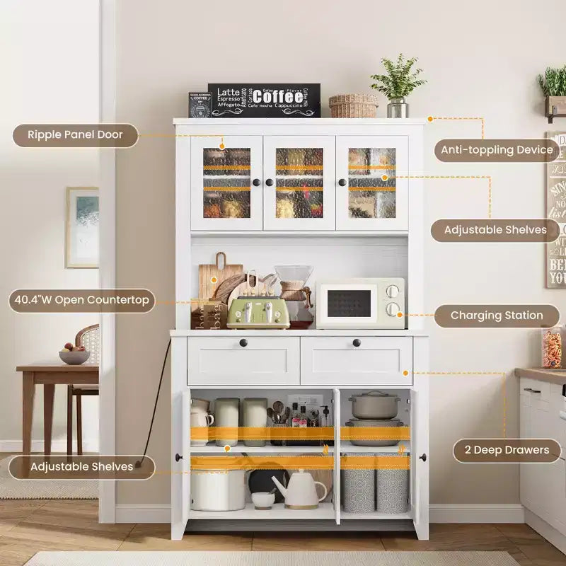 66 Tall Modern Kitchen Pantry Cabinet & Hutch, Built-In Charging Station Coffee Bar Cabinet, Spacious Storage with Glass Doors & Drawers