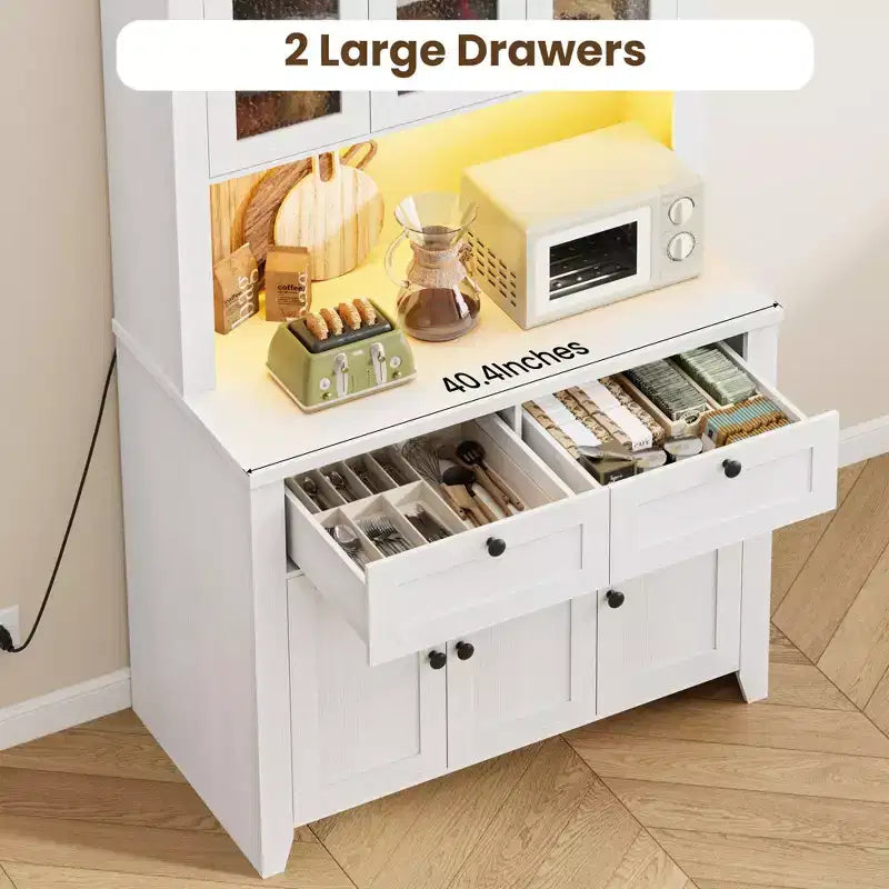 66 Tall Modern Kitchen Pantry Cabinet & Hutch, Built-In Charging Station Coffee Bar Cabinet, Spacious Storage with Glass Doors & Drawers