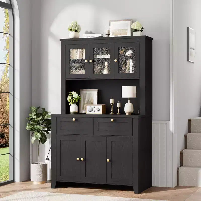 66 Tall Modern Kitchen Pantry Cabinet & Hutch, Built-In Charging Station Coffee Bar Cabinet, Spacious Storage with Glass Doors & Drawers