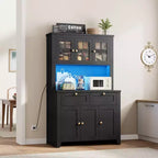 Garde-manger de cuisine moderne de 167 cm de haut avec vaisselier, buffet de bar à café avec station de recharge intégrée, grand espace de rangement avec portes vitrées et tiroirs