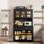Garde-manger de cuisine moderne de 167 cm de haut avec vaisselier, buffet de bar à café avec station de recharge intégrée, grand espace de rangement avec portes vitrées et tiroirs
