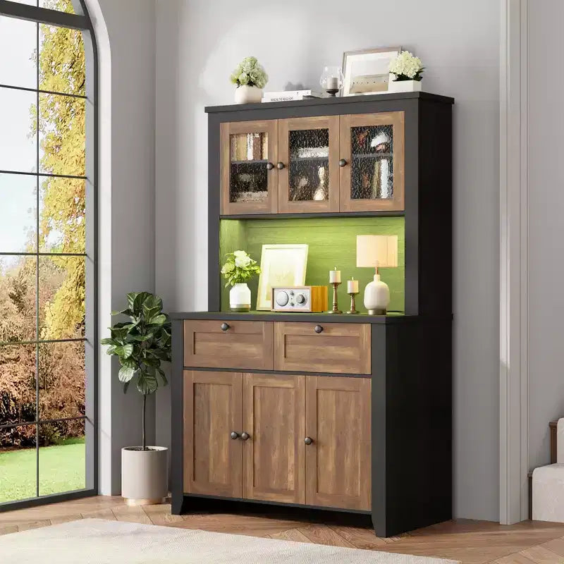 66 Tall Modern Kitchen Pantry Cabinet & Hutch, Built-In Charging Station Coffee Bar Cabinet, Spacious Storage with Glass Doors & Drawers