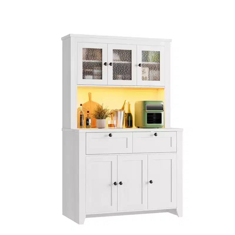 66 Tall Modern Kitchen Pantry Cabinet & Hutch, Built-In Charging Station Coffee Bar Cabinet, Spacious Storage with Glass Doors & Drawers