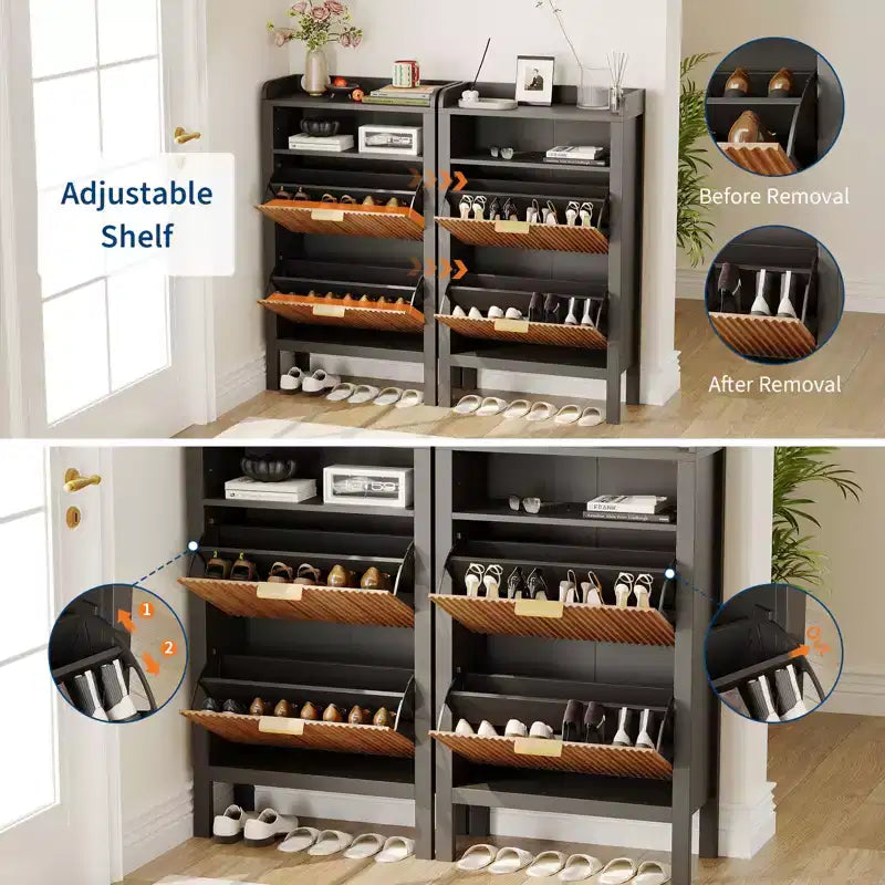 Slim Shoe Cabinet with 2 Flip Drawers and Open Shelves for Entryway Bedroom