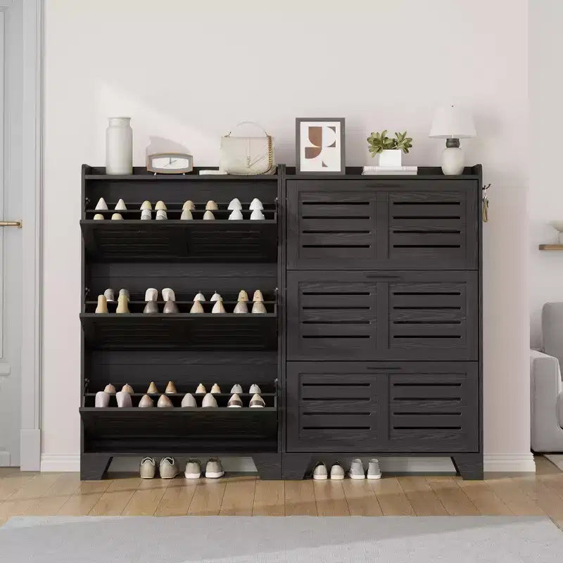 Slim 3 Flip Drawer Shoe Cabinet with Hooks 13.8 Hidden Shoe Rack for Entryway