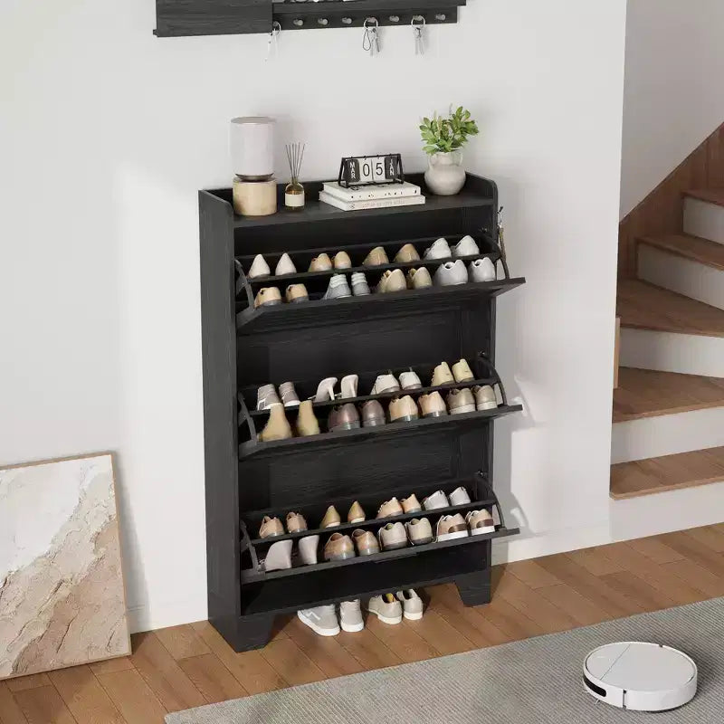 Slim 3 Flip Drawer Shoe Cabinet with Hooks 13.8 Hidden Shoe Rack for Entryway