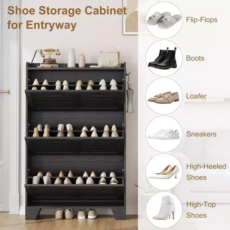Slim 3 Flip Drawer Shoe Cabinet with Hooks 13.8 Hidden Shoe Rack for Entryway