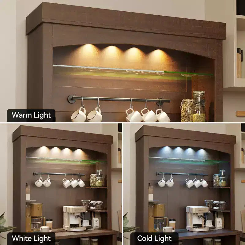72 Coffee Bar Cabinet with Hutch, Farmhouse Buffet Cabinet with Microwave Stand, Wine Rack & Storage Shelves