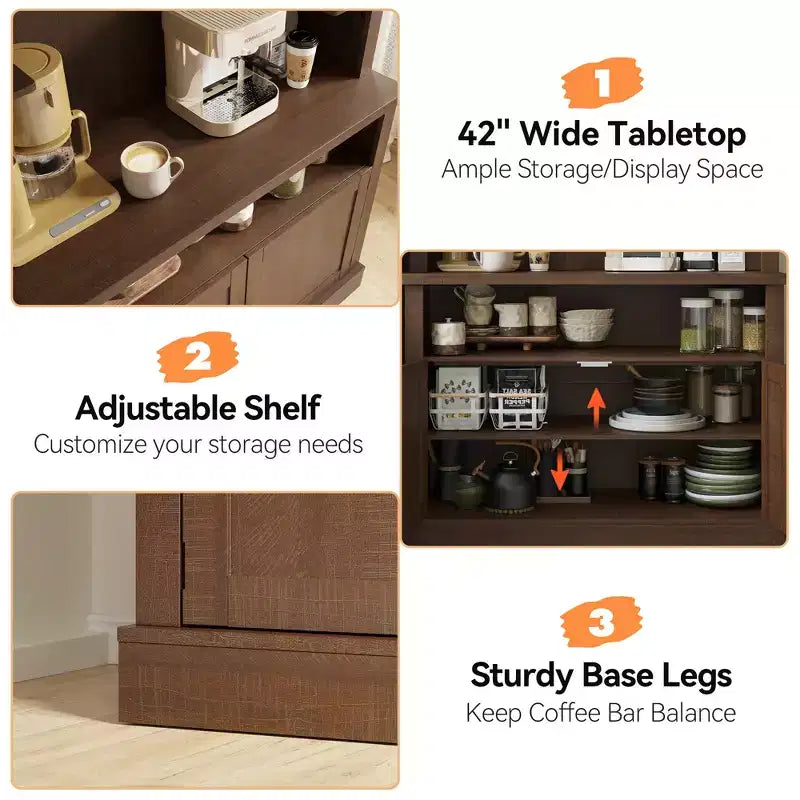 72 Coffee Bar Cabinet with Hutch, Farmhouse Buffet Cabinet with Microwave Stand, Wine Rack & Storage Shelves
