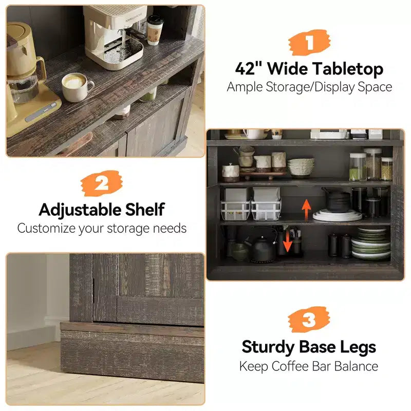 72 Coffee Bar Cabinet with Hutch, Farmhouse Buffet Cabinet with Microwave Stand, Wine Rack & Storage Shelves