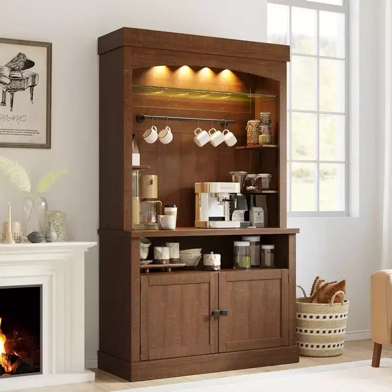 72 Coffee Bar Cabinet with Hutch, Farmhouse Buffet Cabinet with Microwave Stand, Wine Rack & Storage Shelves