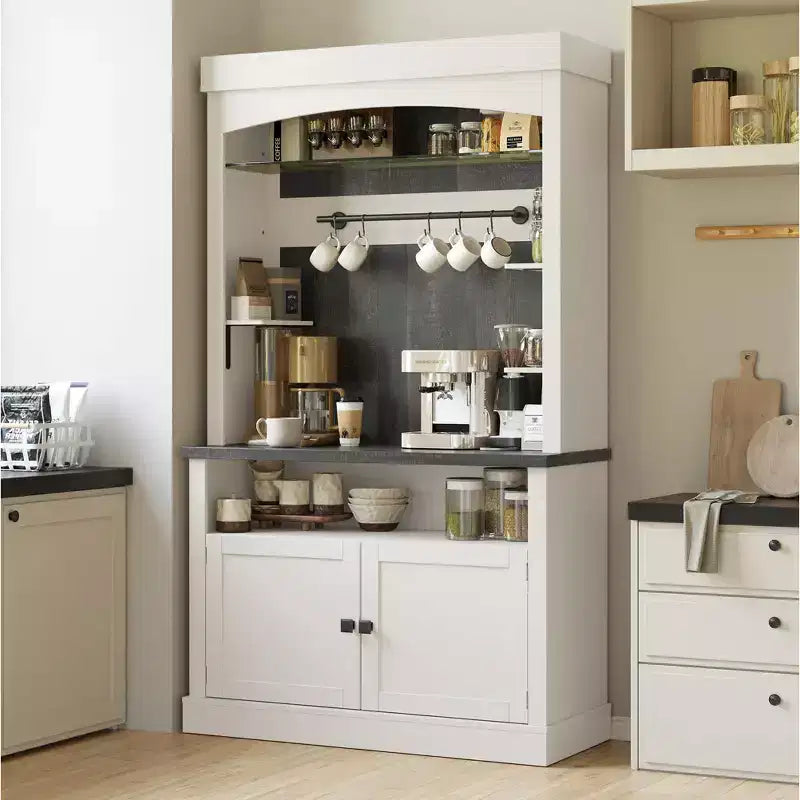 72 Coffee Bar Cabinet with Hutch, Farmhouse Buffet Cabinet with Microwave Stand, Wine Rack & Storage Shelves