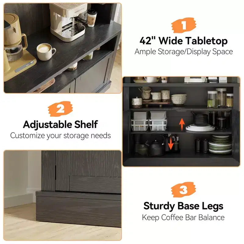 72 Coffee Bar Cabinet with Hutch, Farmhouse Buffet Cabinet with Microwave Stand, Wine Rack & Storage Shelves