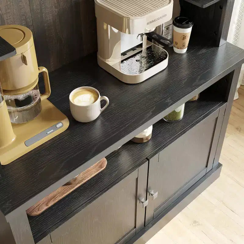 72 Coffee Bar Cabinet with Hutch, Farmhouse Buffet Cabinet with Microwave Stand, Wine Rack & Storage Shelves
