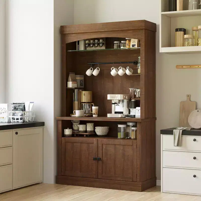 72 Coffee Bar Cabinet with Hutch, Farmhouse Buffet Cabinet with Microwave Stand, Wine Rack & Storage Shelves