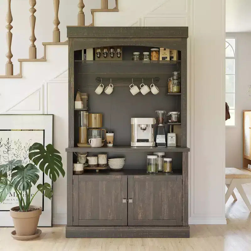 72 Coffee Bar Cabinet with Hutch, Farmhouse Buffet Cabinet with Microwave Stand, Wine Rack & Storage Shelves