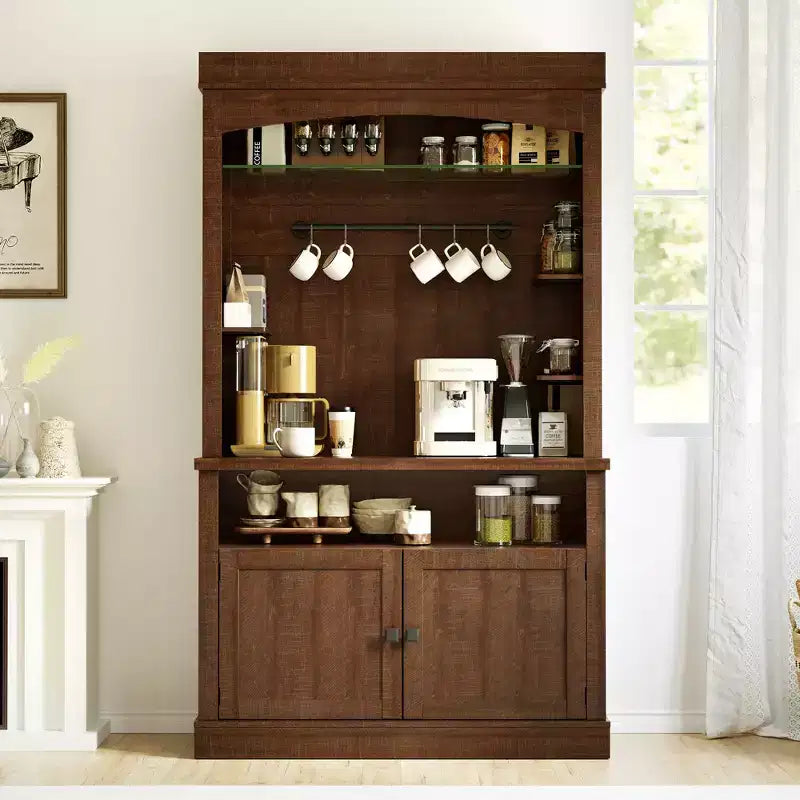 72 Coffee Bar Cabinet with Hutch, Farmhouse Buffet Cabinet with Microwave Stand, Wine Rack & Storage Shelves