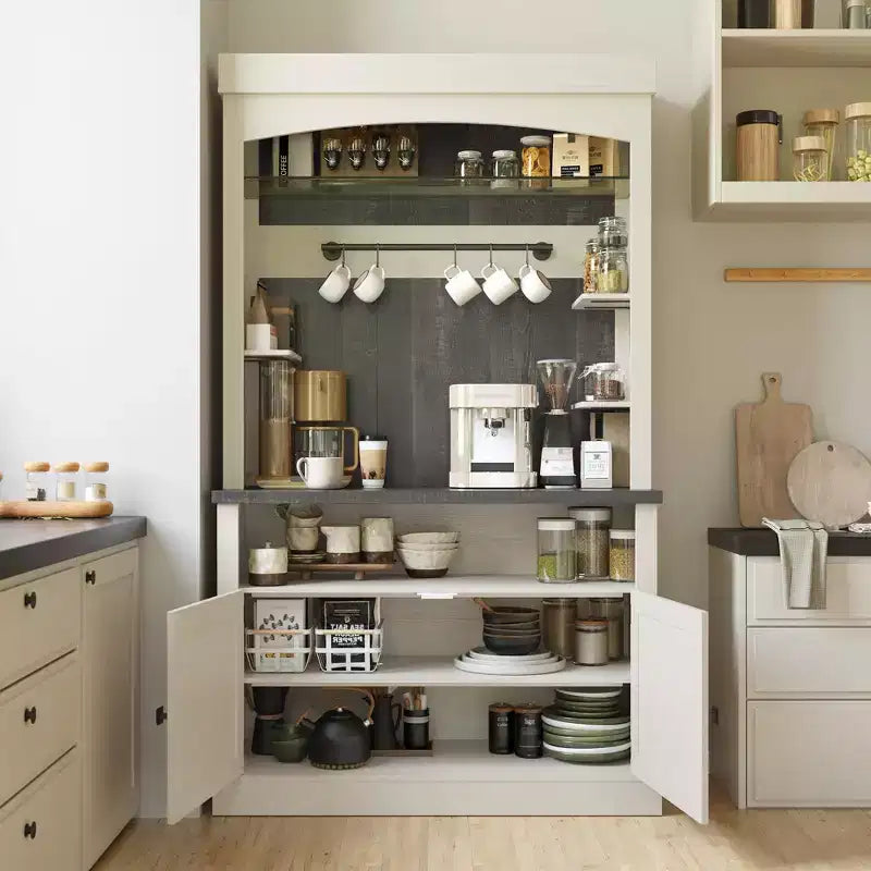 72 Coffee Bar Cabinet with Hutch, Farmhouse Buffet Cabinet with Microwave Stand, Wine Rack & Storage Shelves
