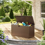 Grande boîte de rangement d'extérieur étanche en résine de 80 à 120 gallons, organisateur verrouillable pour coussins de patio, outils, équipement de piscine, aspect rotin marron ou noir
