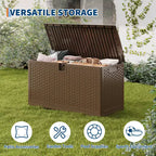 Grande boîte de rangement d'extérieur étanche en résine de 80 à 120 gallons, organisateur verrouillable pour coussins de patio, outils, équipement de piscine, aspect rotin marron ou noir