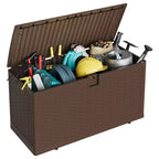 Grande boîte de rangement d'extérieur étanche en résine de 80 à 120 gallons, organisateur verrouillable pour coussins de patio, outils, équipement de piscine, aspect rotin marron ou noir