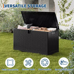Grande boîte de rangement d'extérieur étanche en résine de 80 à 120 gallons, organisateur verrouillable pour coussins de patio, outils, équipement de piscine, aspect rotin marron ou noir